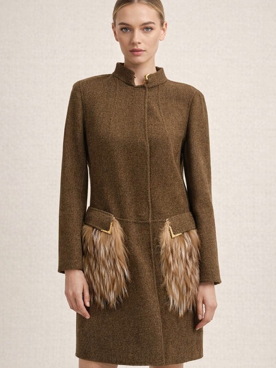 Fendi Jackets & Blazers - Fendi Brown Wool Trench Coat with Fur Pocket Accents